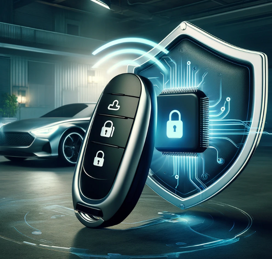 emitting a signal being blocked by a protective shield. A high-end car is safely parked in the background, with the Secure Fob logo and website URL www.secure-fob.com subtly visible